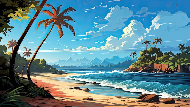 une plage avec des palmiers et des vagues