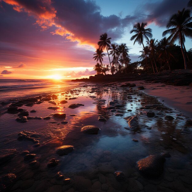 Une plage paradisiaque au coucher du soleil Des palmiers tropicaux