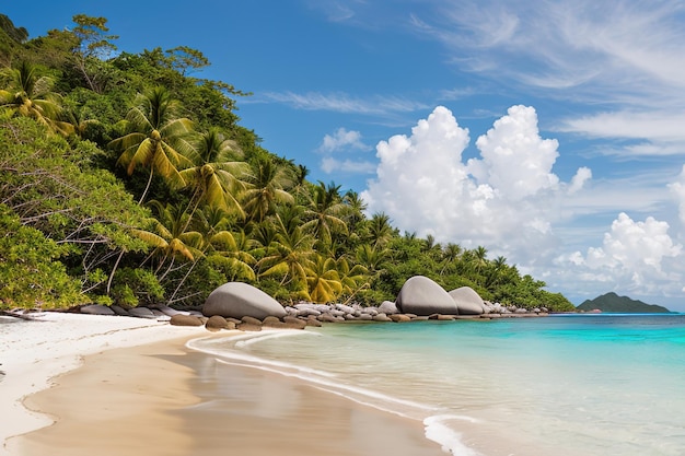 Plage paradisiaque d'une île tropicale palmiers sable blanc eau azur AI générative