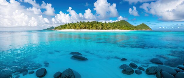 Plage paradisiaque d'une île tropicale palmiers sable blanc eau azur AI générative