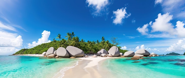 Plage paradisiaque d'une île tropicale palmiers sable blanc eau azur AI générative