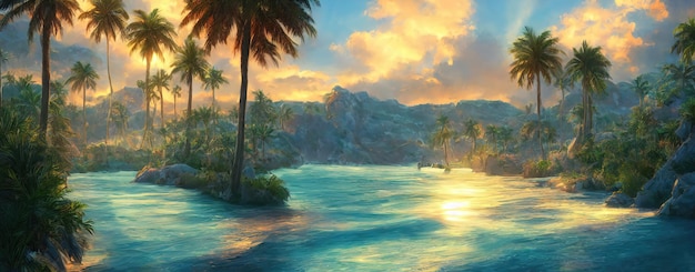 Plage paradisiaque tropicale beaux palmiers magiques suspendus au bord de la mer Ciel bleu et eau de mer azur Le soleil illumine la plage de la côte et l'océan illustration 3d