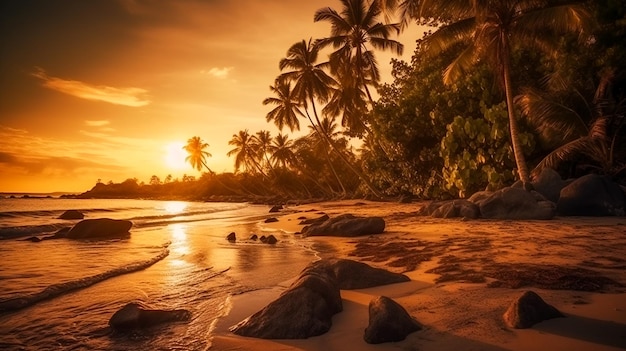 Une plage paradisiaque tropicale avec des palmiers au coucher du soleil.