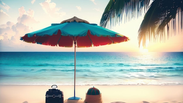 Une plage avec un parapluie bleu et une valise dessus
