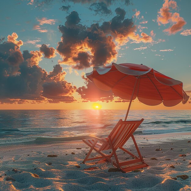 Photo une plage avec un parapluie rouge et une chaise de plage avec le soleil qui se couche derrière elle