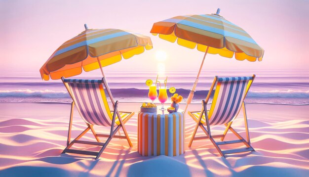 Plage avec des parapluies, des chaises pliantes, une table avec des verres de jus contre le lever du soleil et la mer.