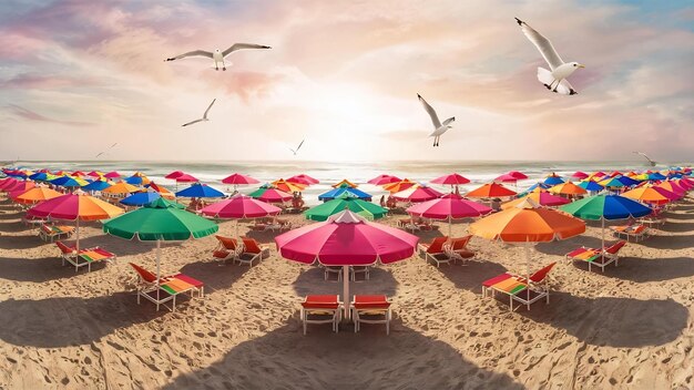 Photo une plage avec des parapluies colorés