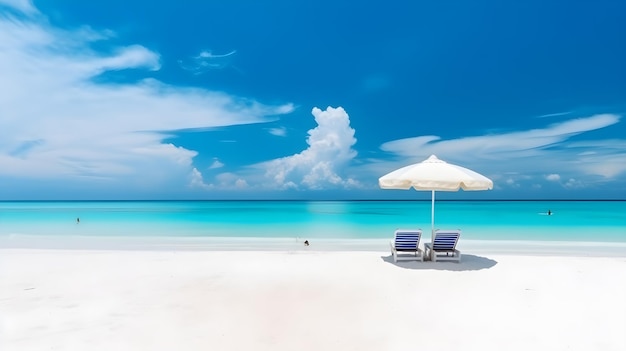 Une plage avec un parasol bleu et deux chaises longues sur une plage de sable blanc.