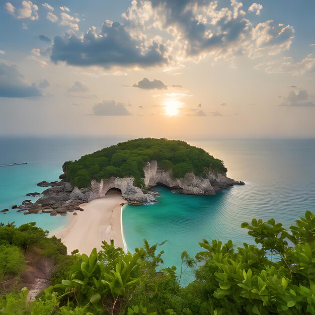 une plage avec une petite île au milieu de l'eau