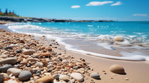 une plage avec des pierres et de l'eau sur le sable