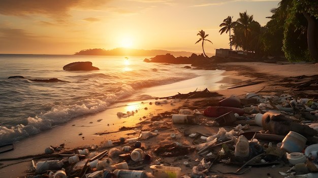 Plage pittoresque au coucher du soleil avec beaucoup de pollution par les déchets de la mer