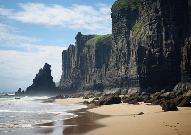 Une plage pittoresque avec d'imposantes falaises et formations rocheuses