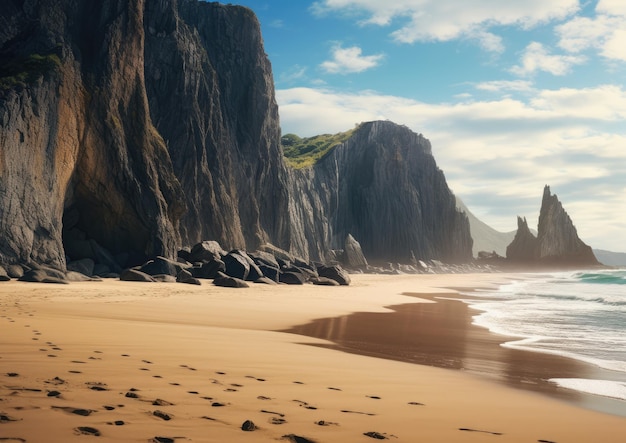 Une plage pittoresque avec d'imposantes falaises et formations rocheuses