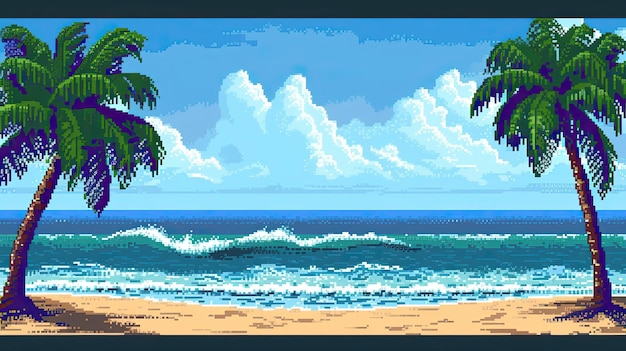 Plage de pixels avec des palmiers Style méduse hameau croisière vacances natation sable mer soleil bronzage relaxation parapluie maillot de bain chaleur été chaise de pont de cailloux d'eau générée par AI