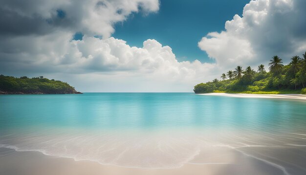 une plage avec une plage et un ciel bleu avec des nuages