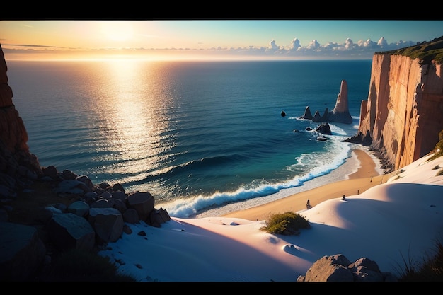 Une plage avec une plage et un coucher de soleil en arrière-plan