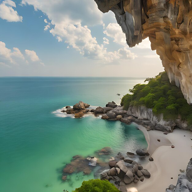 Photo une plage avec une plage et une formation rocheuse dans l'eau