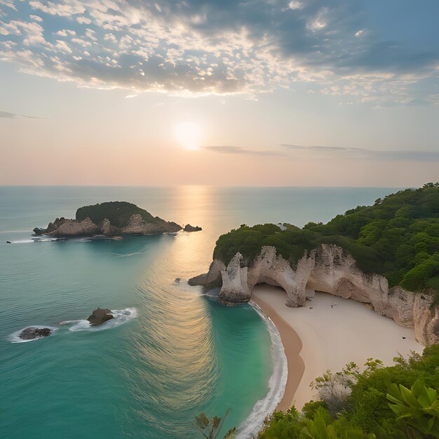 Photo une plage avec une plage et une formation rocheuse dans l'eau