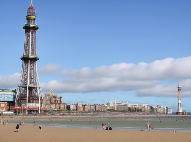 une plage avec une plage et une grande tour avec des gens qui y marchent