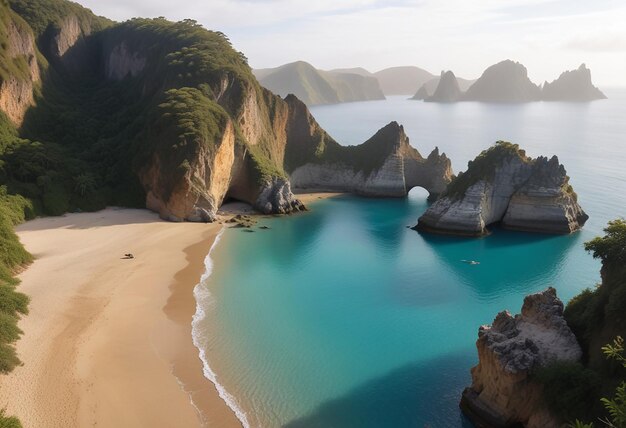 Photo une plage avec une plage et des montagnes en arrière-plan