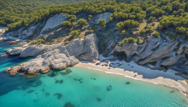 une plage avec une plage de sable et une grande formation rocheuse