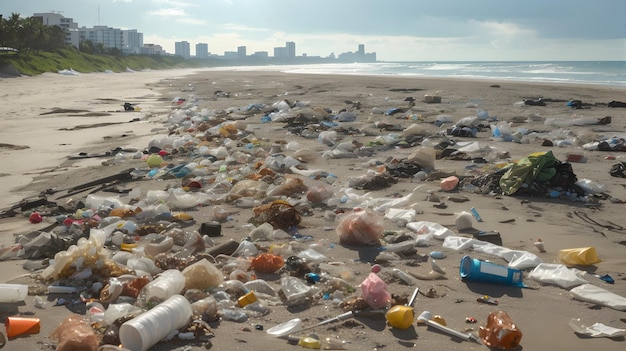 plage polluée par des déchets inorganiques