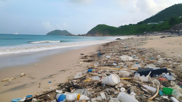 Plage polluée par les ordures et les déchets plastiques