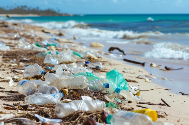 Une plage polluée remplie de bouteilles en plastique et de débris
