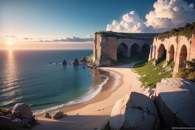 Une plage avec un pont au loin