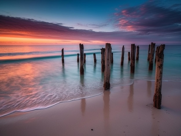 Une plage avec des poteaux en bois et un coucher de soleil coloré.