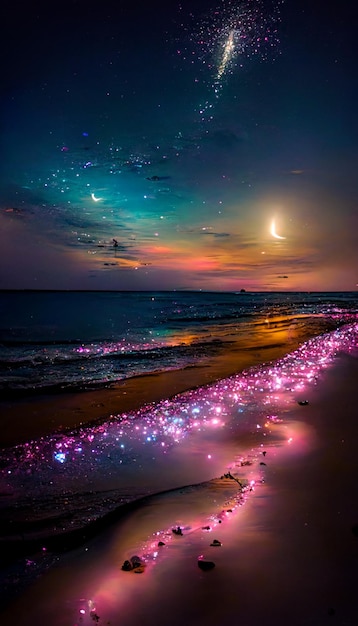 Plage remplie de beaucoup de lumières roses à côté de l'IA générative de l'océan