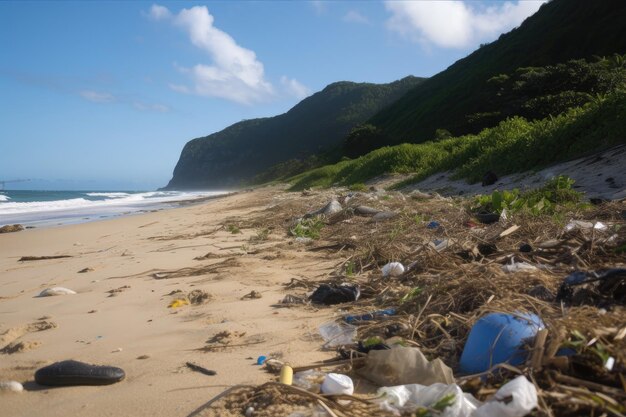 Plage remplie de déchets faisant partie d'un problème plus large de débris marins créé avec une IA générative