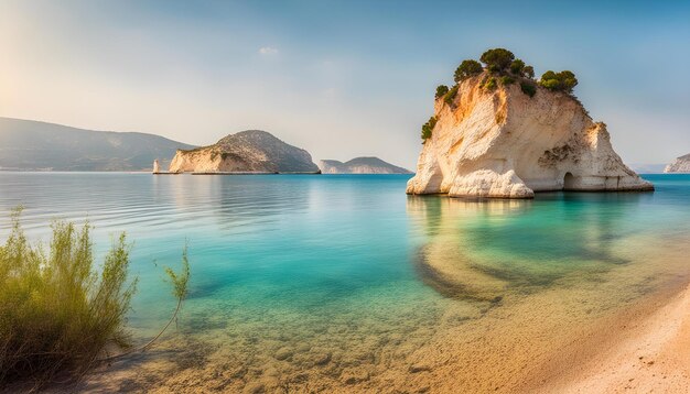 une plage avec un rocher dans l'eau et une plage with un arbre sur le dessus