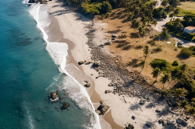 Photo une plage avec des rochers et un arbre sur le rivage