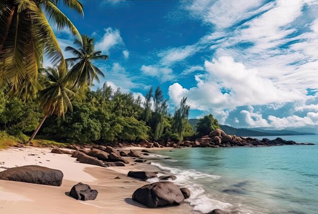 plage de rochers aux seychelles mer tropicale palmiers et calme dans le style de la photographie de paysage