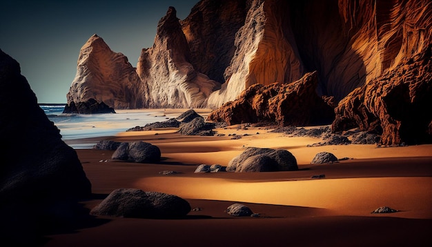 Une plage avec des rochers et un ciel illuminé