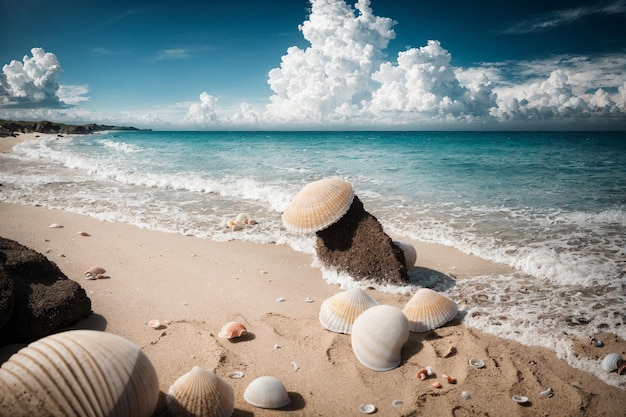 une plage avec des rochers et des coquillages sur le rivage