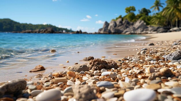 une plage avec des rochers et des coquillages