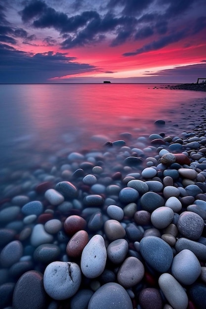 une plage avec des rochers et un coucher de soleil en arrière-plan