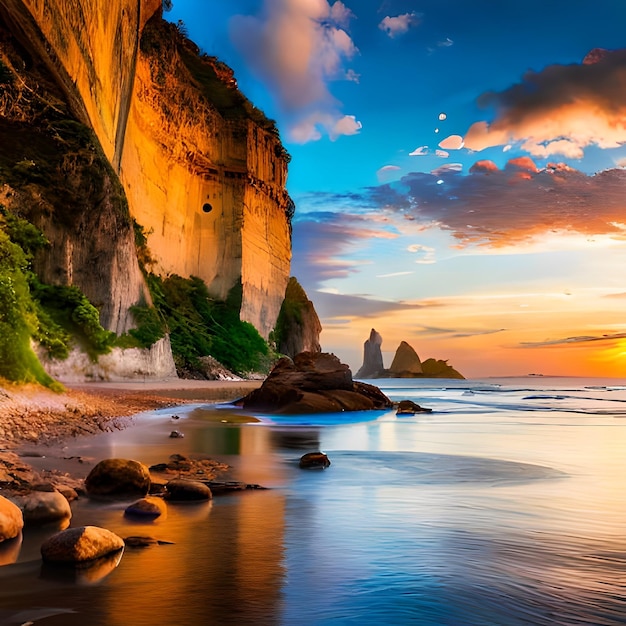 Une plage avec des rochers et un coucher de soleil avec un ciel coloré