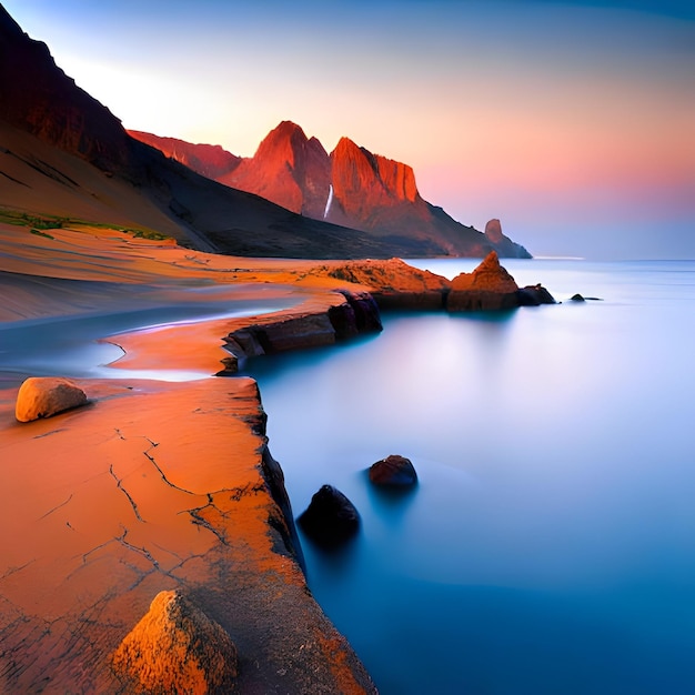 Une plage avec des rochers et un coucher de soleil dessus