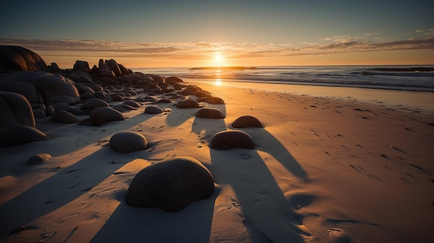 Une plage avec des rochers et le coucher de soleil à l'horizon