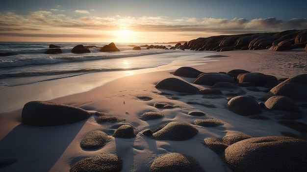 Une plage avec des rochers et le coucher de soleil sur l'océan