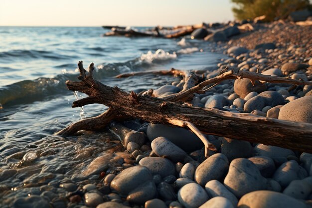 plage avec des rochers et un Driftwood dans la mer