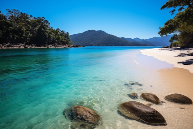 une plage avec des rochers et de l'eau claire