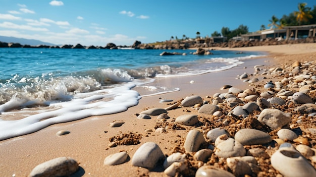 une plage avec des rochers et de l'eau sur le sable