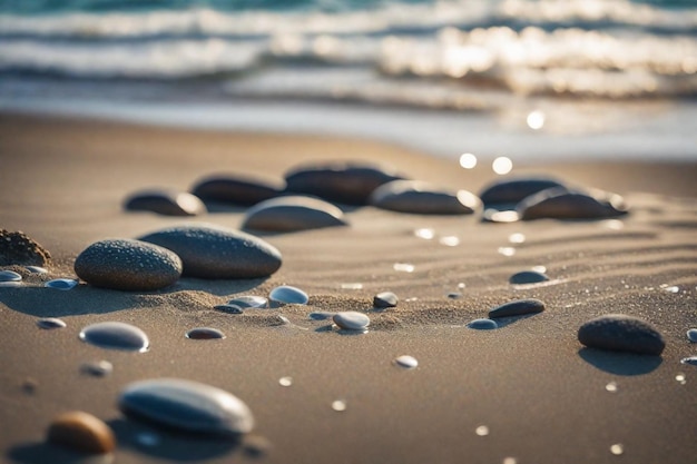 une plage avec des rochers et de l'eau sur le sable