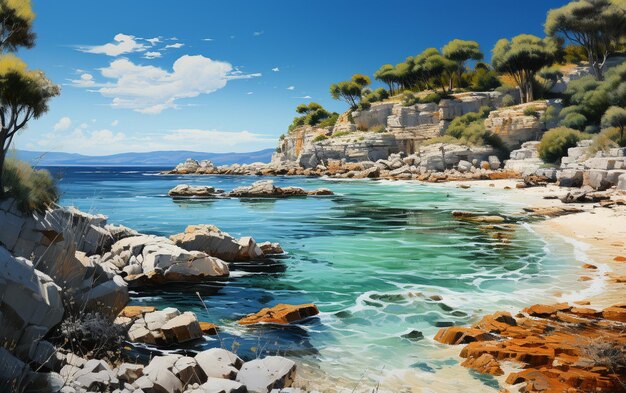 Photo une plage avec des rochers et de l'eau et une scène de plage.