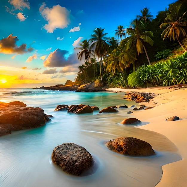 Une plage avec des rochers et des palmiers dessus