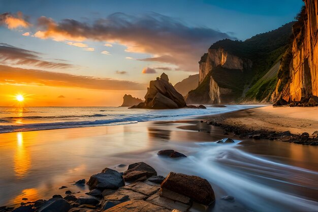 une plage avec des rochers et des vagues au premier plan et un coucher de soleil en arrière-plan